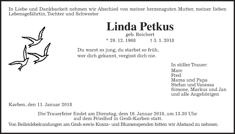 Traueranzeige für Linda Petkus vom 11.01.2018 aus Wetterauer Zeitung, Wetterauer Zeitung