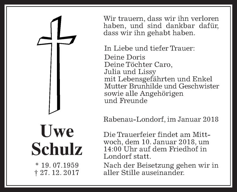  Traueranzeige für Uwe Schulz vom 05.01.2018 aus Rabenauer Zeitung