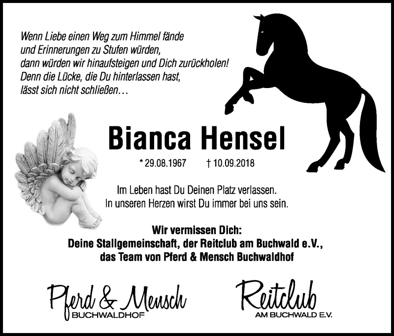  Traueranzeige für Bianca Hensel vom 02.10.2018 aus Wetterauer Zeitung, Wetterauer Zeitung