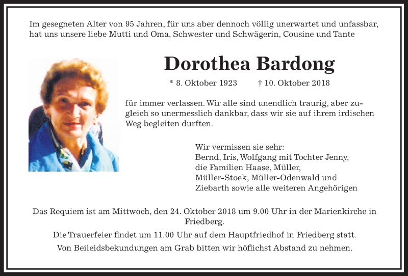  Traueranzeige für Dorothea Bardong vom 20.10.2018 aus Wetterauer Zeitung, Wetterauer Zeitung