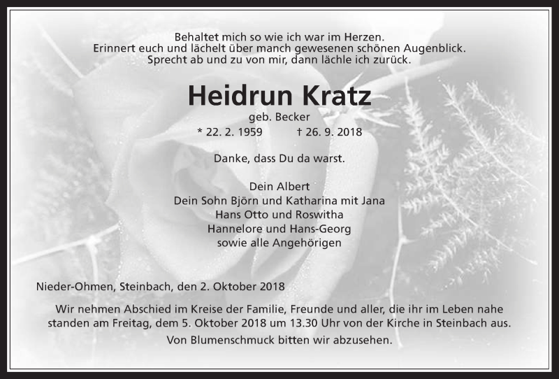  Traueranzeige für Heidrun Kratz vom 02.10.2018 aus Giessener Allgemeine, Alsfelder Allgemeine