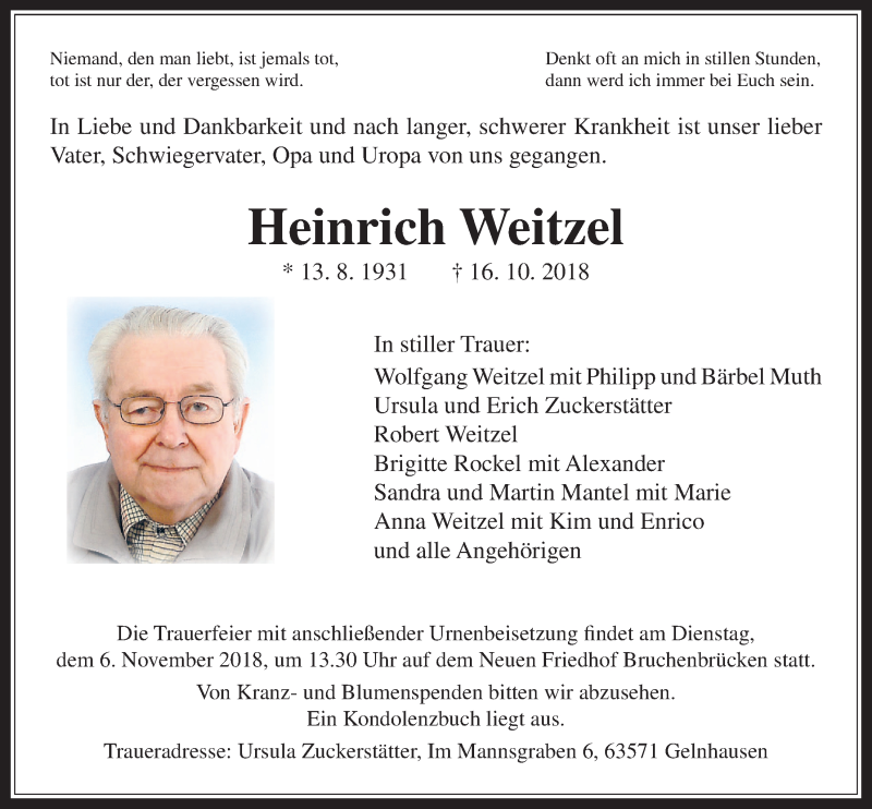  Traueranzeige für Heinrich Weitzel vom 24.10.2018 aus Wetterauer Zeitung, Wetterauer Zeitung