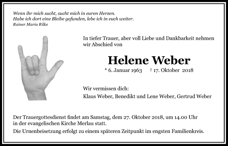  Traueranzeige für Helene Weber vom 25.10.2018 aus Alsfelder Allgemeine