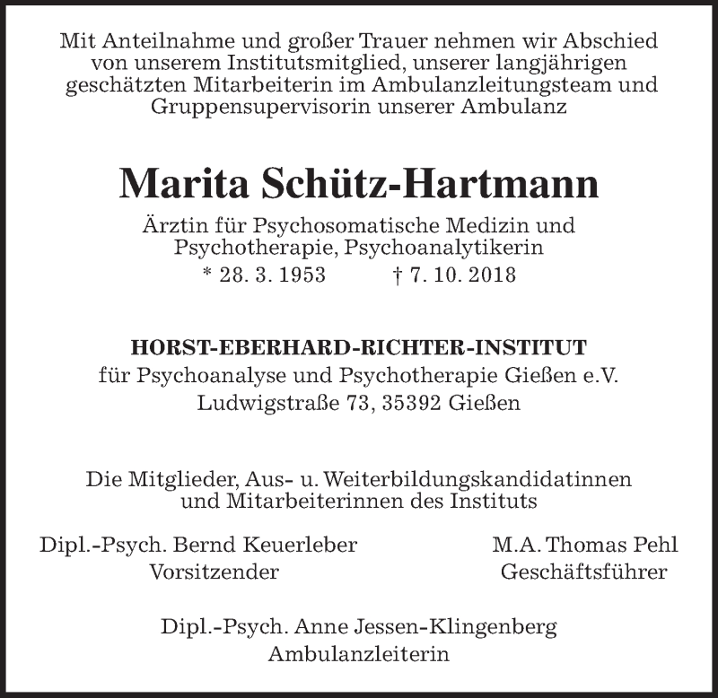  Traueranzeige für Marita Schütz-Hartmann vom 20.10.2018 aus Giessener Allgemeine, Alsfelder Allgemeine
