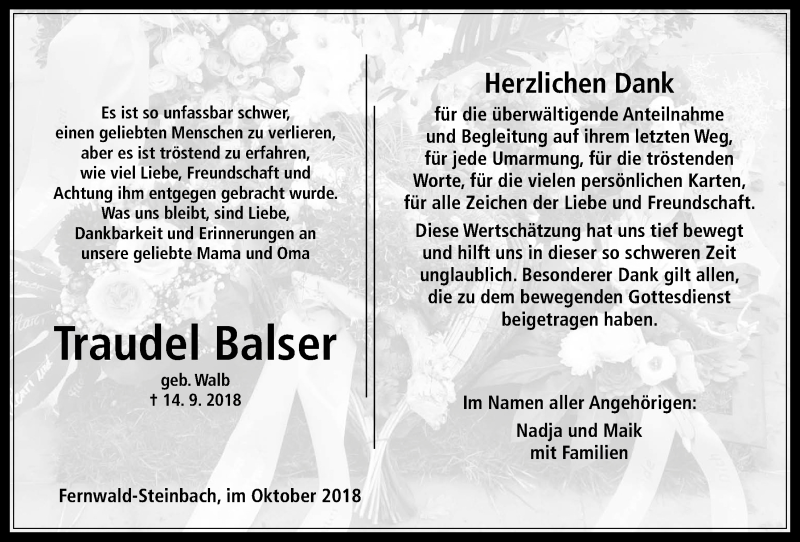  Traueranzeige für Traudel Balser vom 06.10.2018 aus Giessener Allgemeine, Alsfelder Allgemeine