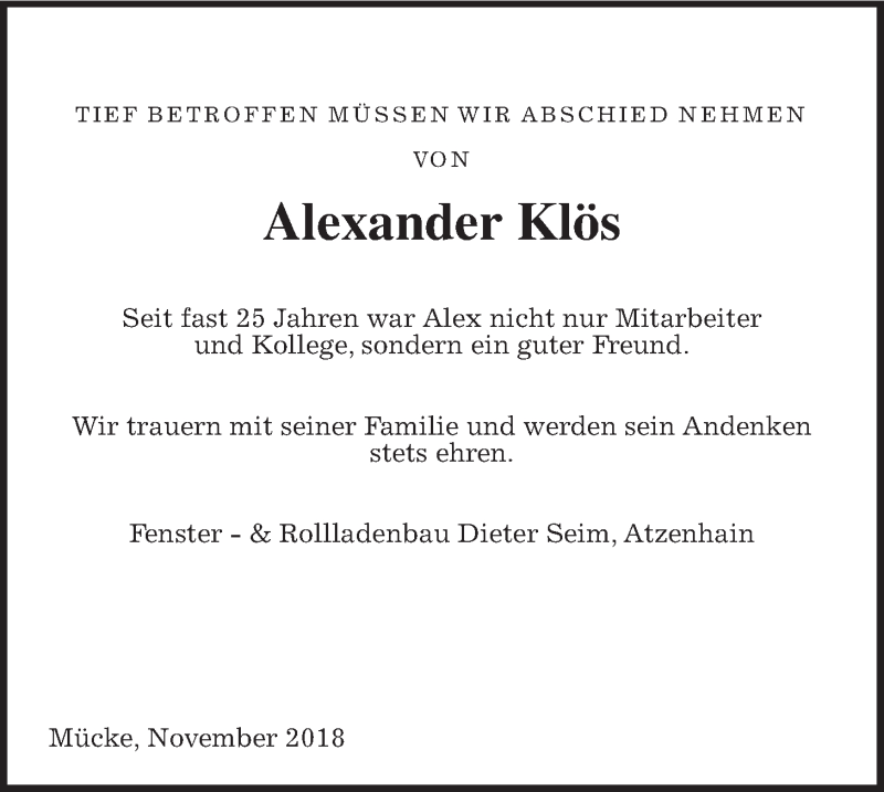  Traueranzeige für Alexander Klös vom 12.11.2018 aus Giessener Allgemeine, Alsfelder Allgemeine