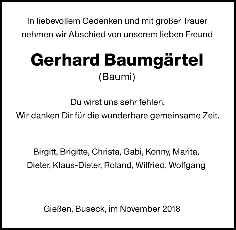  Traueranzeige für Gerhard Baumgärtel vom 17.11.2018 aus Giessener Allgemeine, Alsfelder Allgemeine
