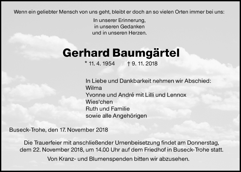  Traueranzeige für Gerhard Baumgärtel vom 17.11.2018 aus Giessener Allgemeine, Alsfelder Allgemeine