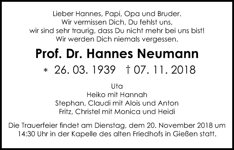  Traueranzeige für Hannes Neumann vom 14.11.2018 aus Giessener Allgemeine, Alsfelder Allgemeine