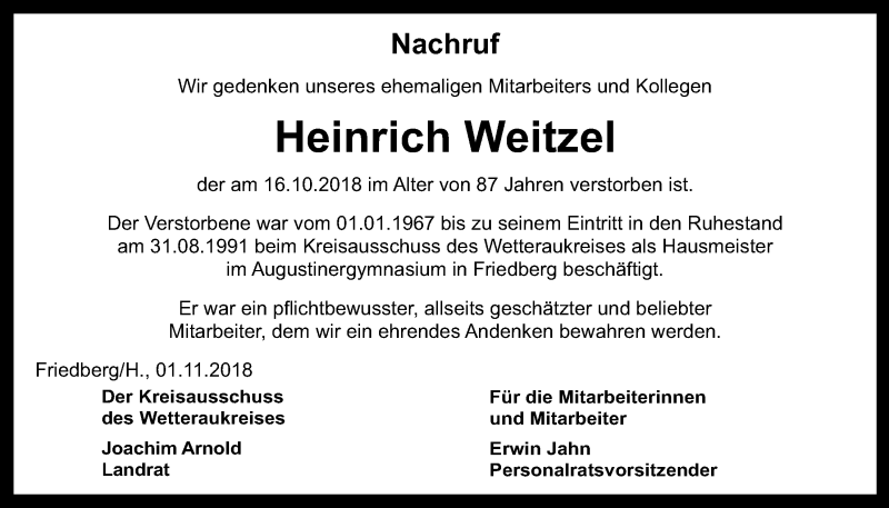  Traueranzeige für Heinrich Weitzel vom 03.11.2018 aus Wetterauer Zeitung, Wetterauer Zeitung
