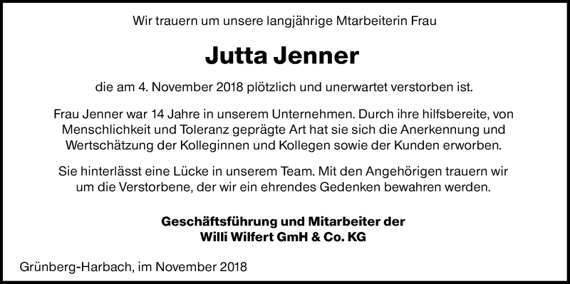  Traueranzeige für Jutta Jenner vom 13.11.2018 aus Giessener Allgemeine, Alsfelder Allgemeine