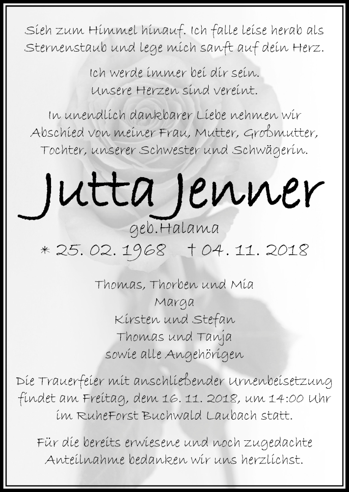  Traueranzeige für Jutta Jenner vom 13.11.2018 aus Giessener Allgemeine, Alsfelder Allgemeine