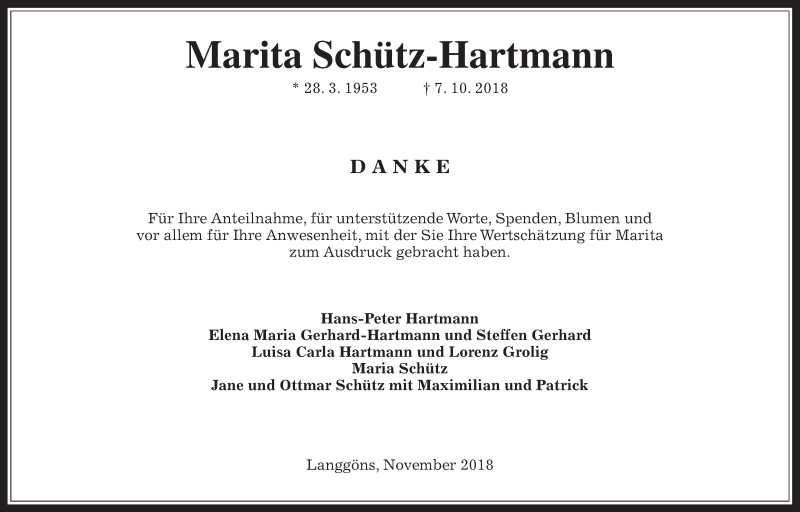  Traueranzeige für Marita Schütz-Hartmann vom 03.11.2018 aus Giessener Allgemeine, Alsfelder Allgemeine