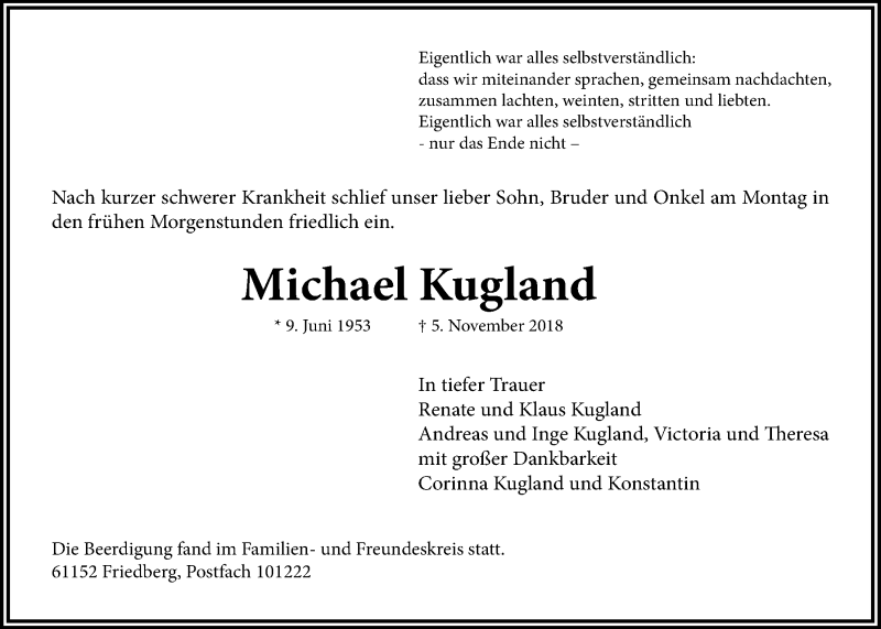  Traueranzeige für Michael Kugland vom 10.11.2018 aus Wetterauer Zeitung, Wetterauer Zeitung