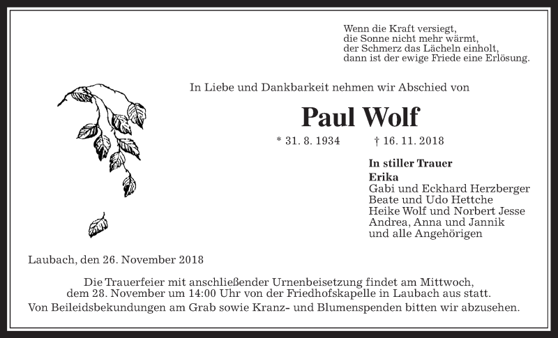  Traueranzeige für Paul Wolf vom 26.11.2018 aus Giessener Allgemeine, Alsfelder Allgemeine