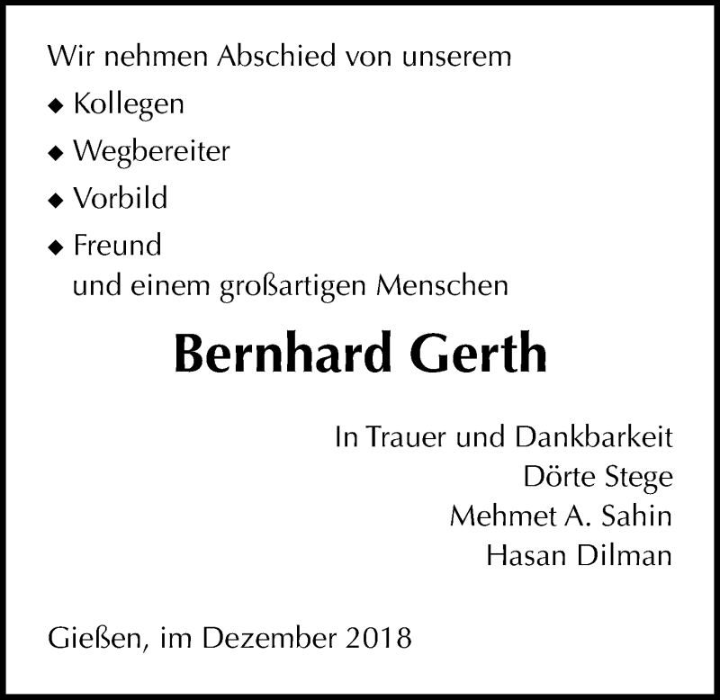 Traueranzeige für Bernhard Gerth vom 15.12.2018 aus Giessener Allgemeine, Alsfelder Allgemeine