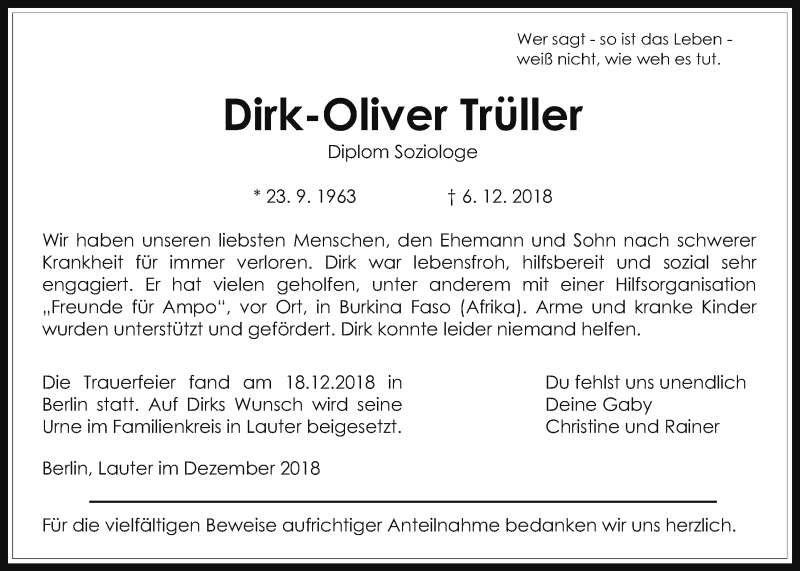  Traueranzeige für Dirk Oliver Trüller vom 22.12.2018 aus Giessener Allgemeine, Alsfelder Allgemeine