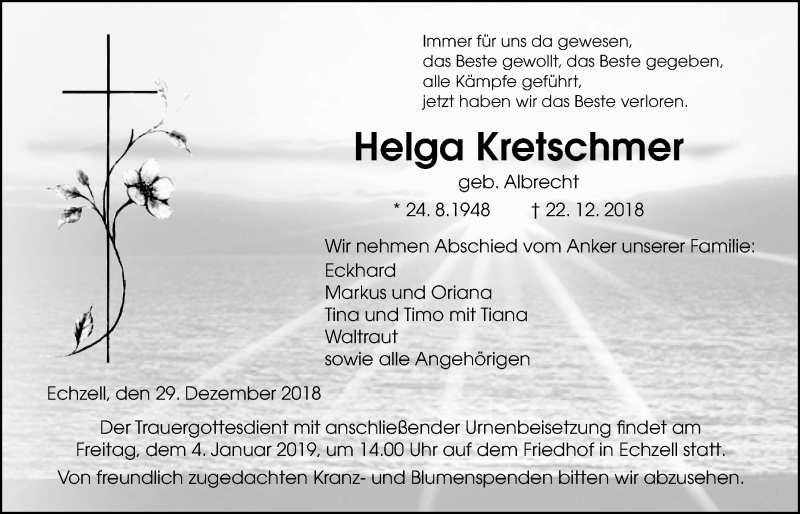  Traueranzeige für Helga Kretschmer vom 29.12.2018 aus Wetterauer Zeitung, Wetterauer Zeitung