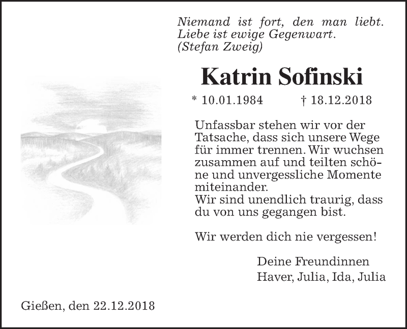  Traueranzeige für Katrin Sofinski vom 29.12.2018 aus Giessener Allgemeine, Alsfelder Allgemeine