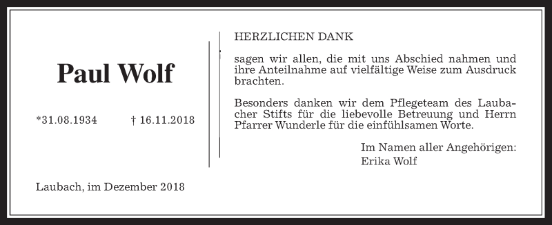  Traueranzeige für Paul Wolf vom 22.12.2018 aus Giessener Allgemeine, Alsfelder Allgemeine