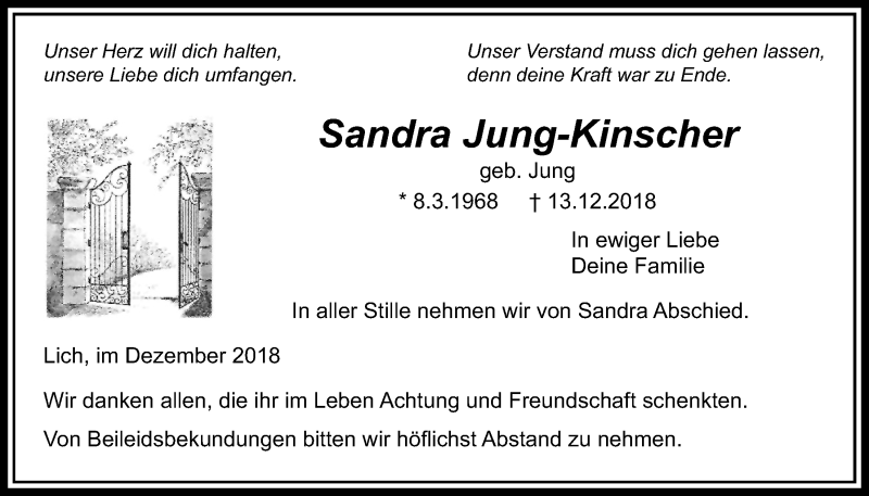  Traueranzeige für Sandra Jung-Kinscher vom 20.12.2018 aus Licher Wochenblatt, Licher Wochenblatt, Licher Wochenblatt