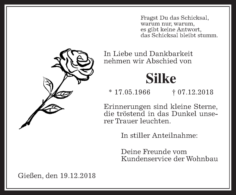  Traueranzeige für Silke Schwestka-Wagner vom 19.12.2018 aus Giessener Allgemeine, Alsfelder Allgemeine