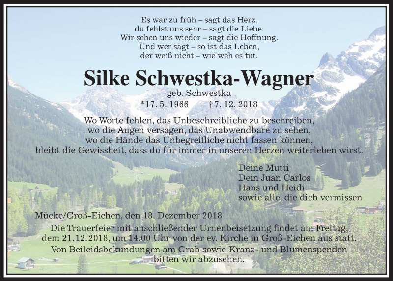  Traueranzeige für Silke Schwestka-Wagner vom 18.12.2018 aus Giessener Allgemeine, Alsfelder Allgemeine