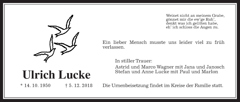  Traueranzeige für Ulrich Lucke vom 08.12.2018 aus Wetterauer Zeitung