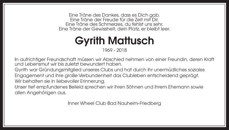  Traueranzeige für Gyrith Mattusch vom 17.02.2018 aus Wetterauer Zeitung, Wetterauer Zeitung