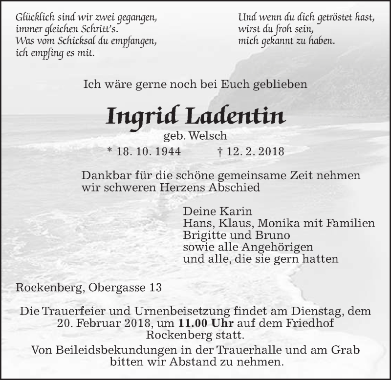  Traueranzeige für Ingrid Ladentin vom 17.02.2018 aus Wetterauer Zeitung, Wetterauer Zeitung
