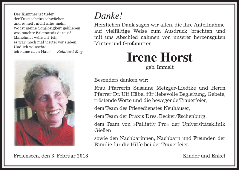  Traueranzeige für Irene Horst vom 03.02.2018 aus Giessener Allgemeine, Alsfelder Allgemeine