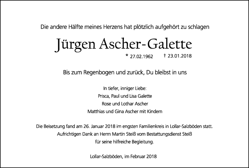  Traueranzeige für Jürgen Ascher-Galette vom 03.02.2018 aus Giessener Allgemeine, Alsfelder Allgemeine