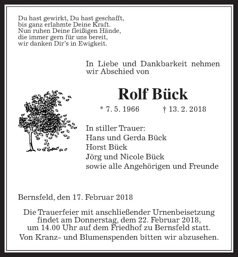  Traueranzeige für Rolf Bück vom 17.02.2018 aus Giessener Allgemeine, Alsfelder Allgemeine