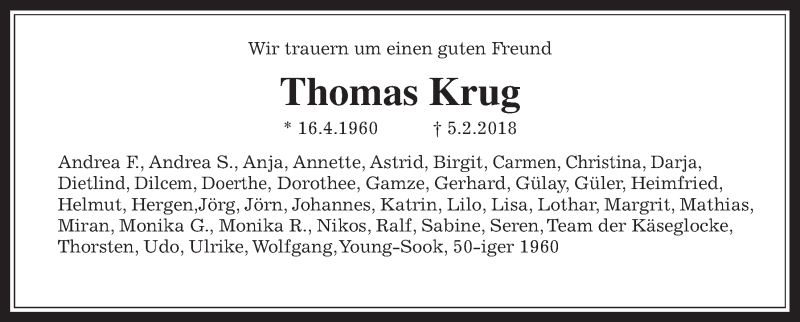  Traueranzeige für Thomas Krug vom 10.02.2018 aus Giessener Allgemeine, Alsfelder Allgemeine