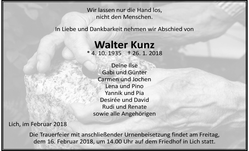  Traueranzeige für Walter Kunz vom 10.02.2018 aus Giessener Allgemeine, Alsfelder Allgemeine