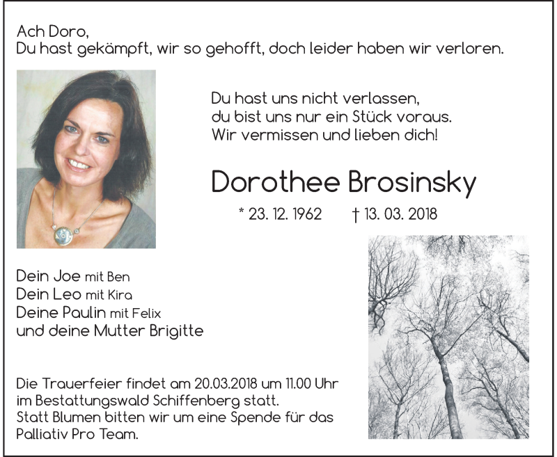  Traueranzeige für Dorothee Brosinsky vom 17.03.2018 aus Giessener Allgemeine, Alsfelder Allgemeine