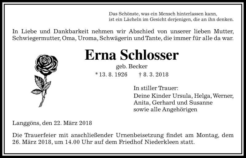  Traueranzeige für Erna Schlosser vom 22.03.2018 aus Giessener Allgemeine, Alsfelder Allgemeine