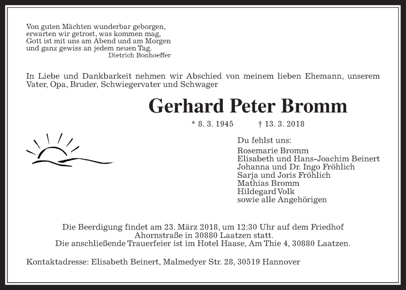  Traueranzeige für Gerhard Peter Bromm vom 22.03.2018 aus Pohlheimer Nachrichten