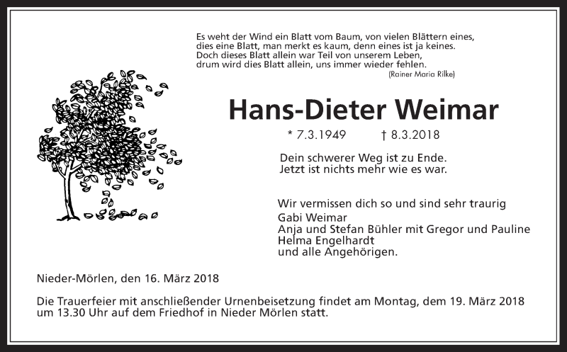  Traueranzeige für Hans-Dieter Weimar vom 16.03.2018 aus Wetterauer Zeitung, Wetterauer Zeitung