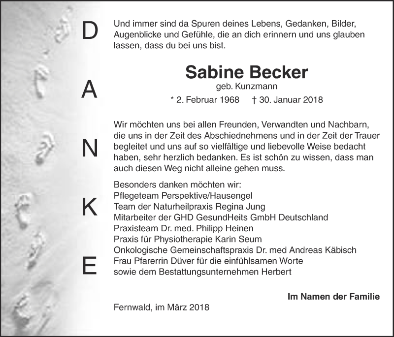  Traueranzeige für Sabine Becker vom 01.03.2018 aus Licher Wochenblatt, Licher Wochenblatt, Licher Wochenblatt