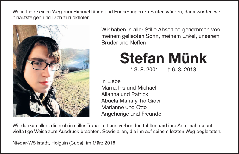  Traueranzeige für Stefan Münk vom 17.03.2018 aus Wetterauer Zeitung, Wetterauer Zeitung