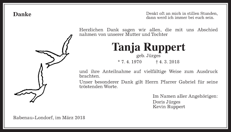  Traueranzeige für Tanja Ruppert vom 29.03.2018 aus Rabenauer Zeitung