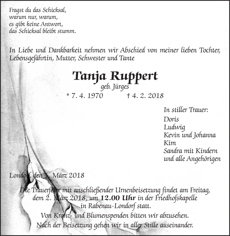  Traueranzeige für Tanja Ruppert vom 01.03.2018 aus Rabenauer Zeitung