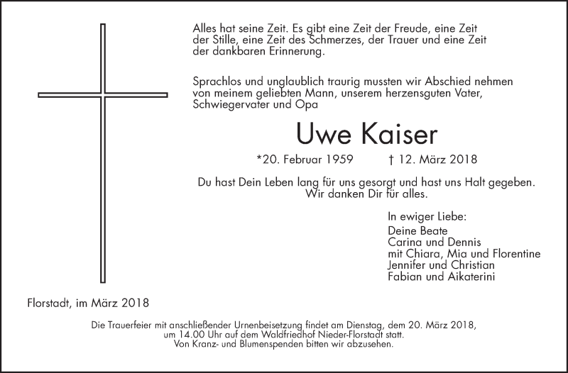  Traueranzeige für Uwe Kaiser vom 16.03.2018 aus Wetterauer Zeitung, Wetterauer Zeitung