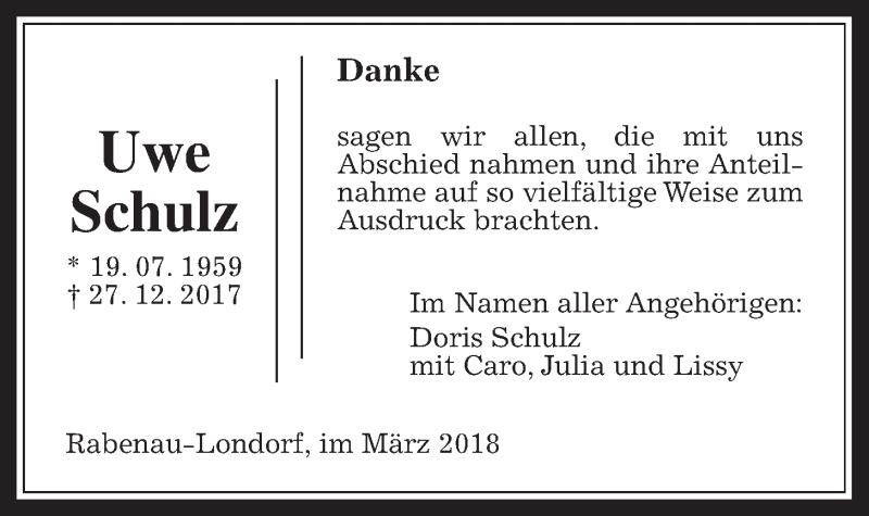  Traueranzeige für Uwe Schulz vom 22.03.2018 aus Rabenauer Zeitung