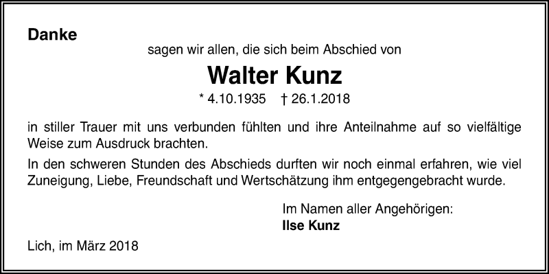  Traueranzeige für Walter Kunz vom 08.03.2018 aus Licher Wochenblatt, Licher Wochenblatt, Licher Wochenblatt