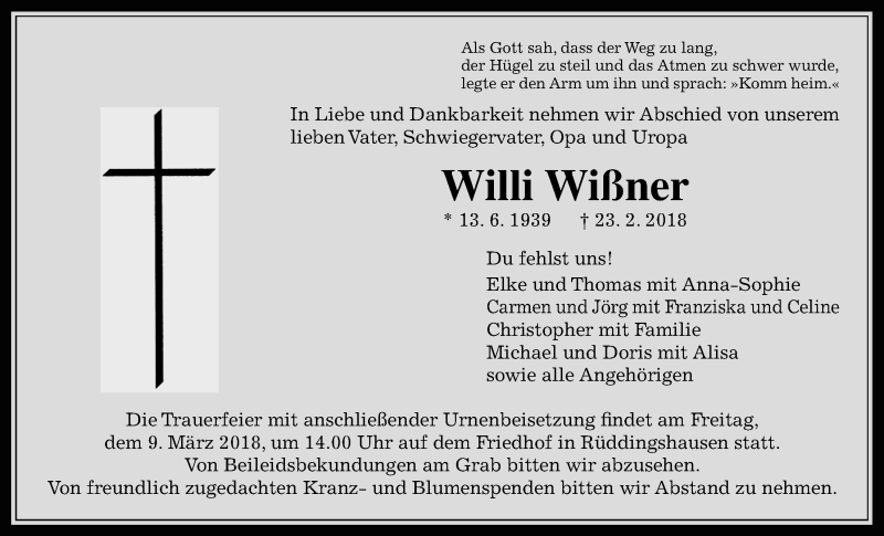  Traueranzeige für Willi Wißner vom 07.03.2018 aus Giessener Allgemeine, Alsfelder Allgemeine