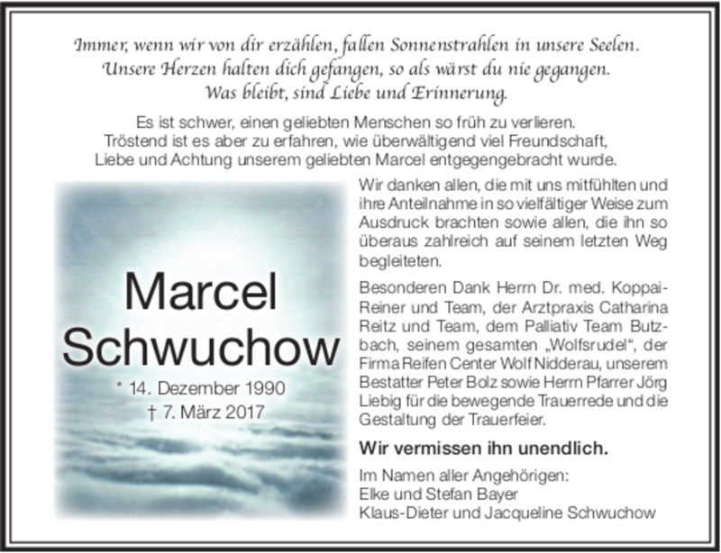  Traueranzeige für Marcel Schwuchow vom 08.04.2017 aus 