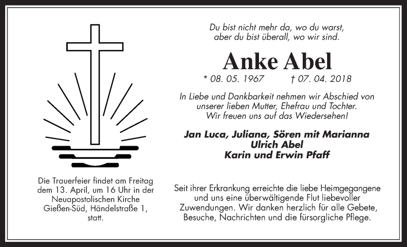  Traueranzeige für Anke Abel vom 11.04.2018 aus Giessener Allgemeine, Alsfelder Allgemeine