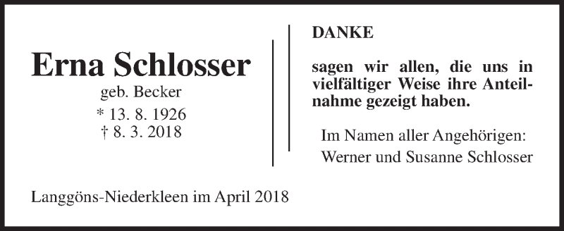  Traueranzeige für Erna Schlosser vom 28.04.2018 aus Giessener Allgemeine, Alsfelder Allgemeine